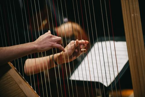 Close up of hands plucking harp strings