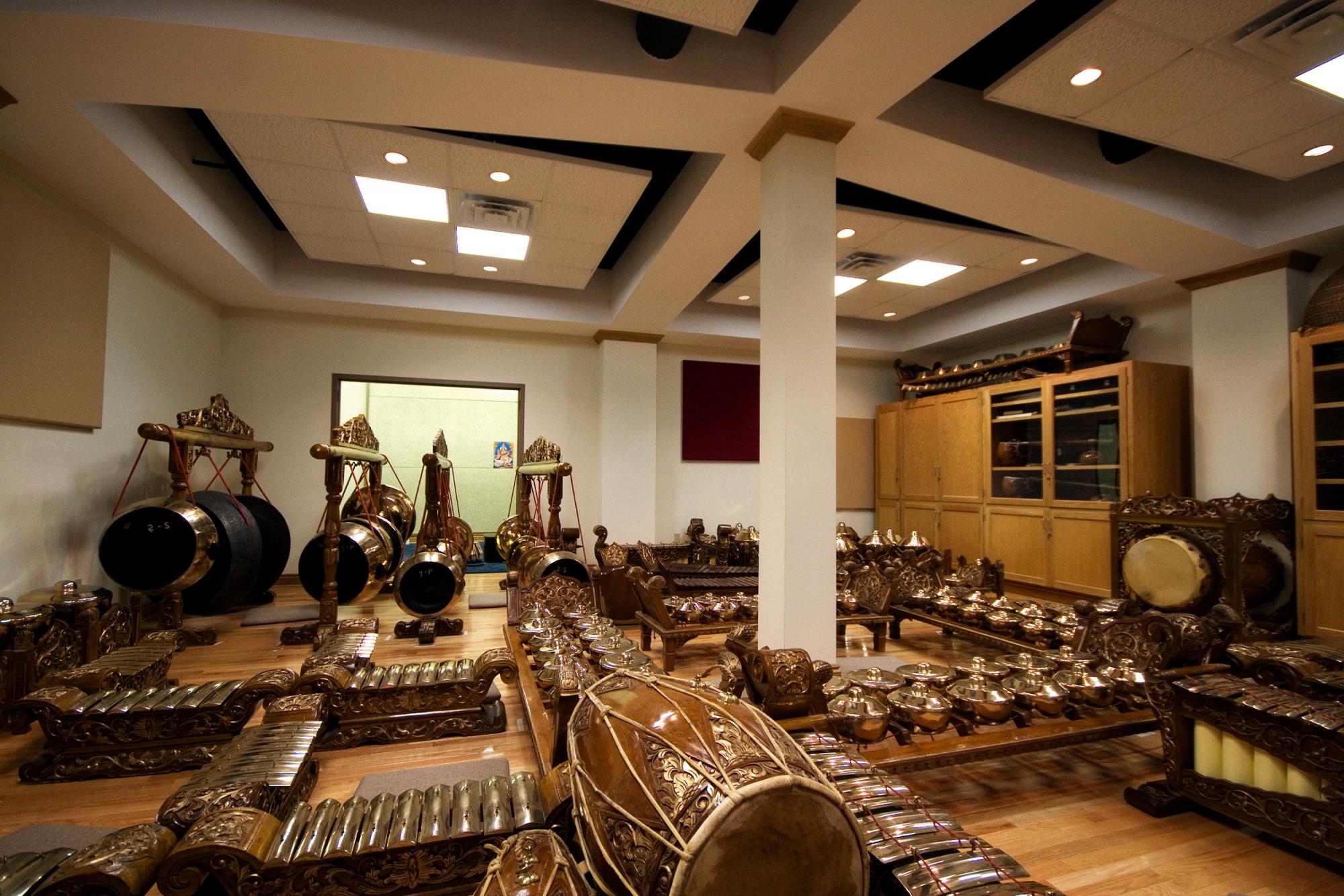 different instruments of the Gamelan arranged inside the Gamelan room