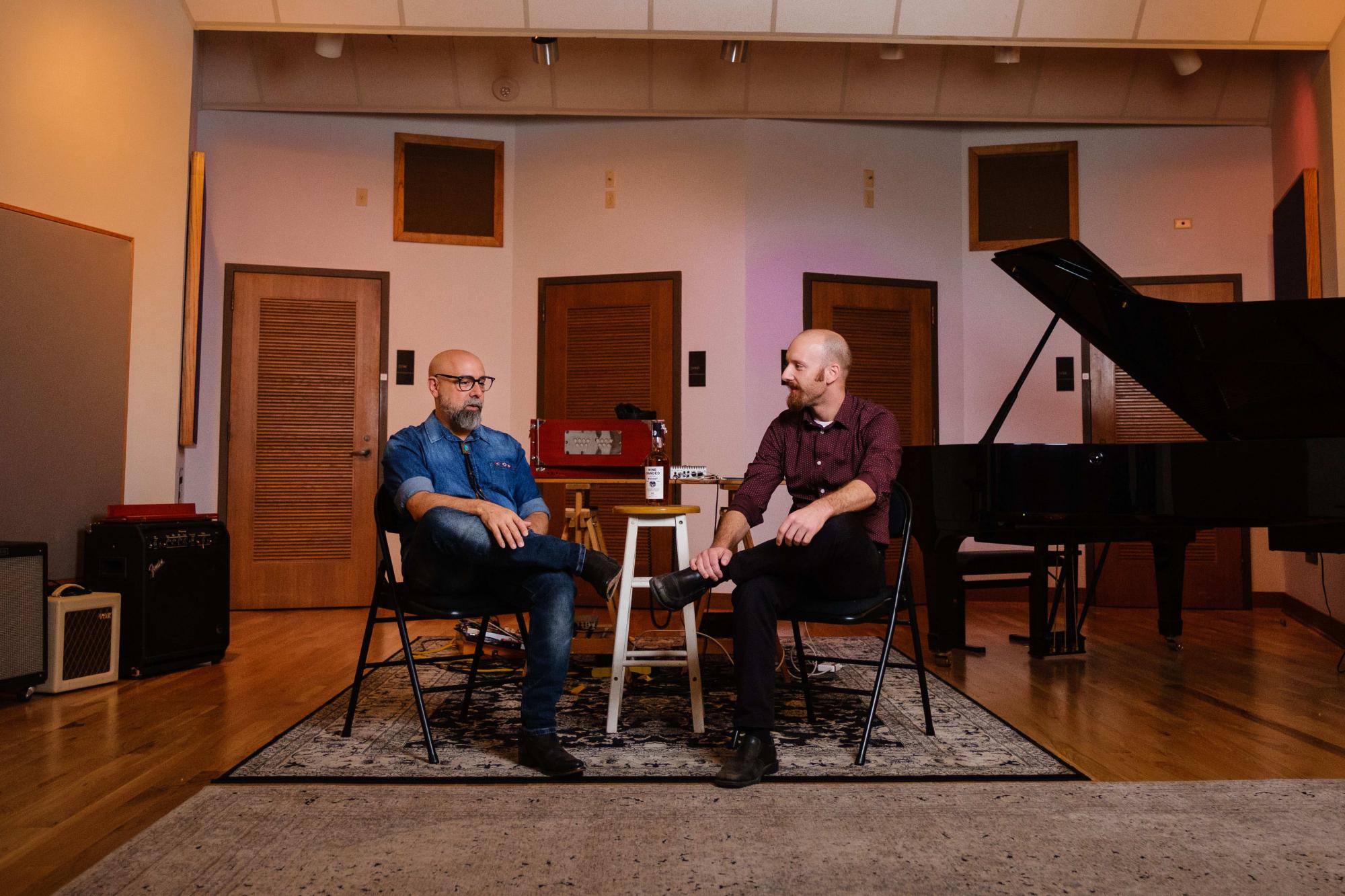 Recording Services Manager Andrew Stoltz and Composition Lecturer Russell Podgorsek having a conversation in the Live Room. Photo by Nathan Russell.