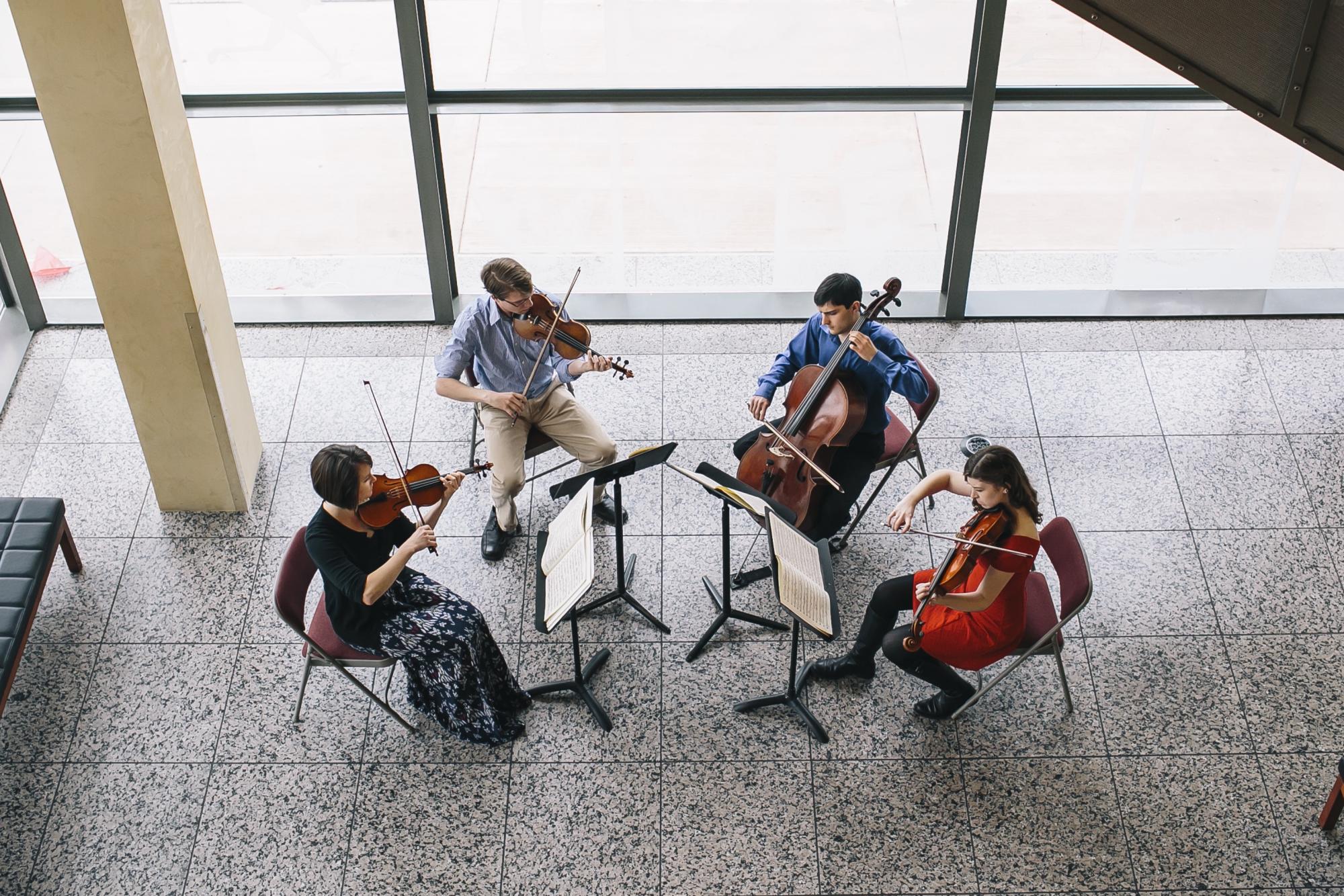 Aerial view of students playing instruments