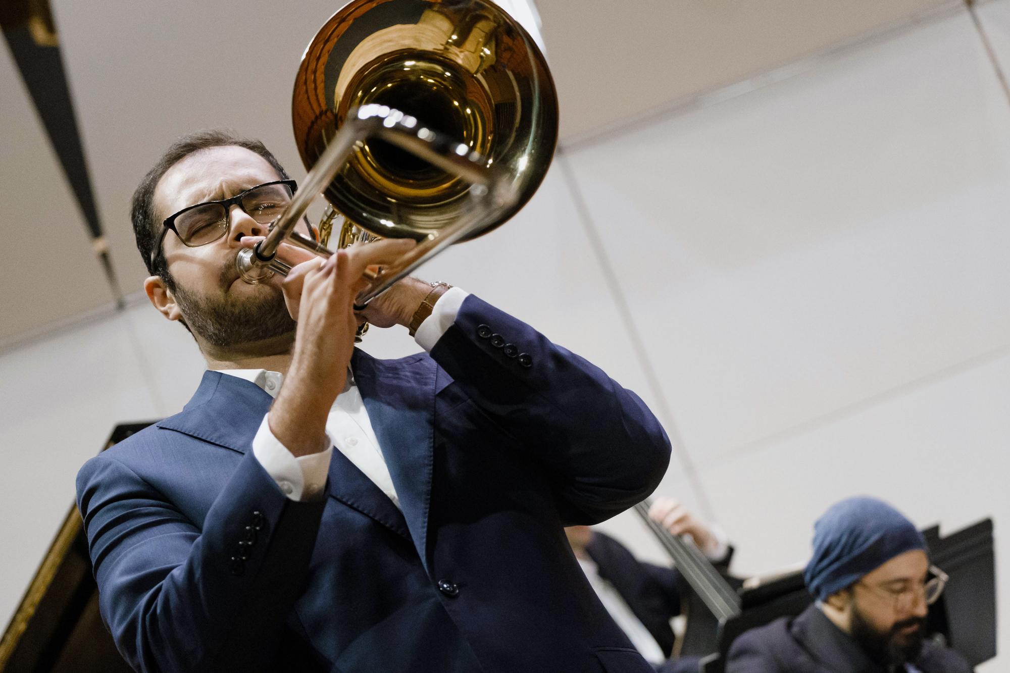 A Jazz trombonists performs a solo during a Jazz Orchestra concert
