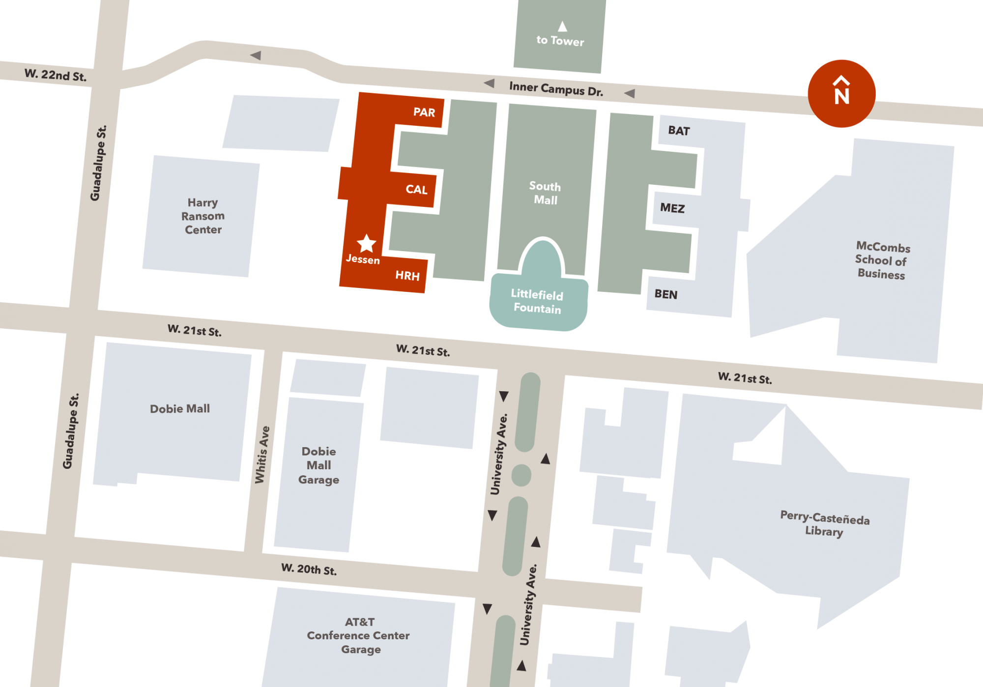 a map depicting the West side of campus around Jessen Auditorium