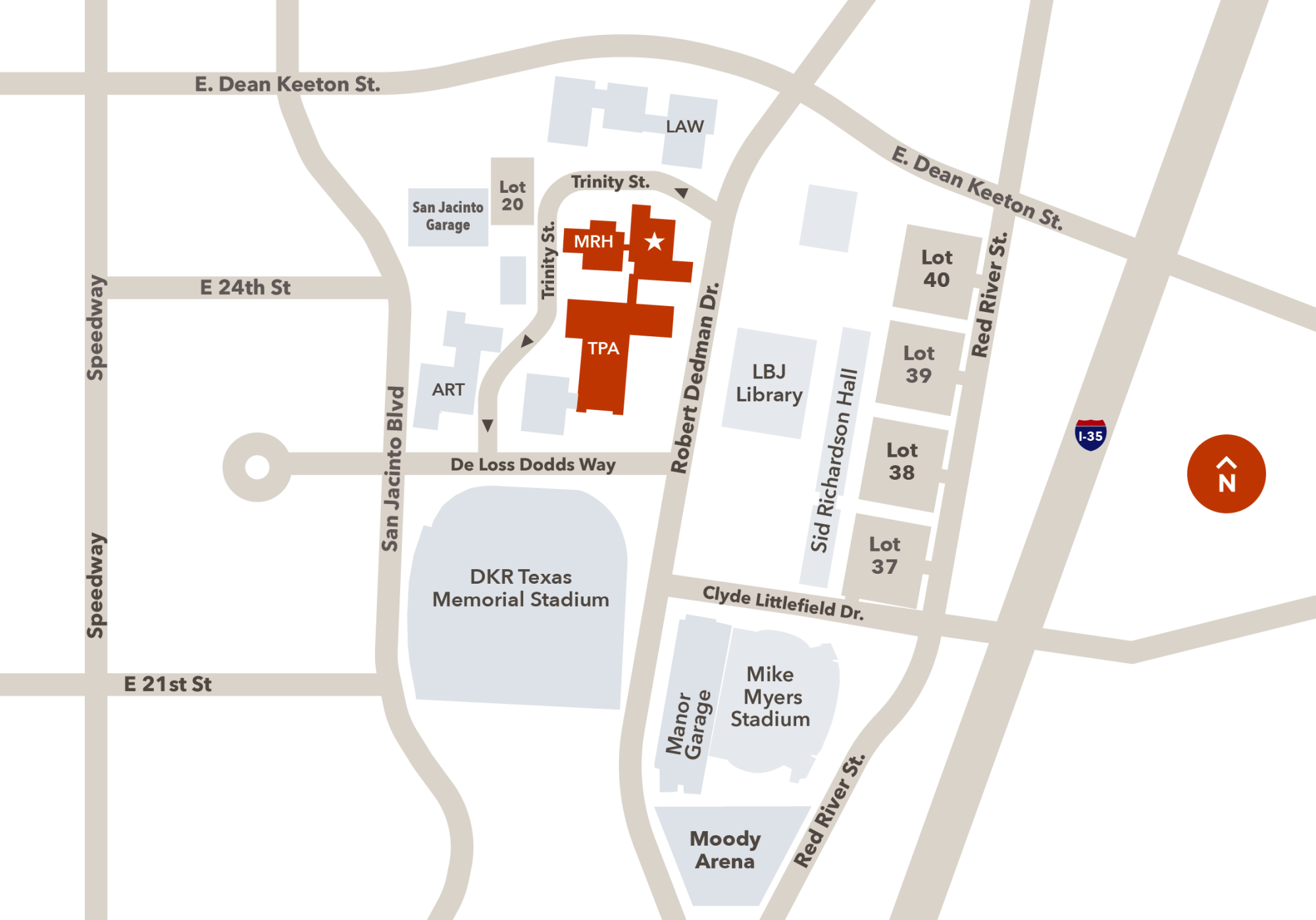A Map depicting the east end of campus around the Music Building (MRH)