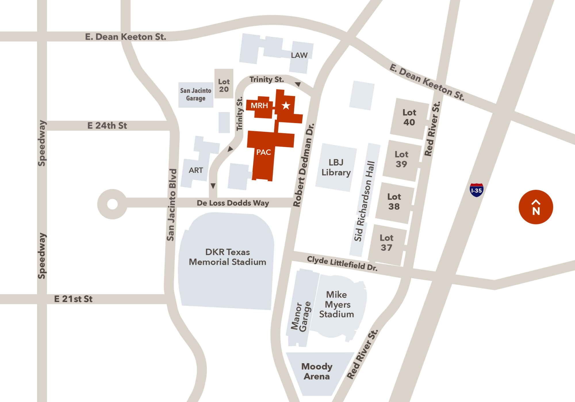 A general map of campus around the music building (MRH)