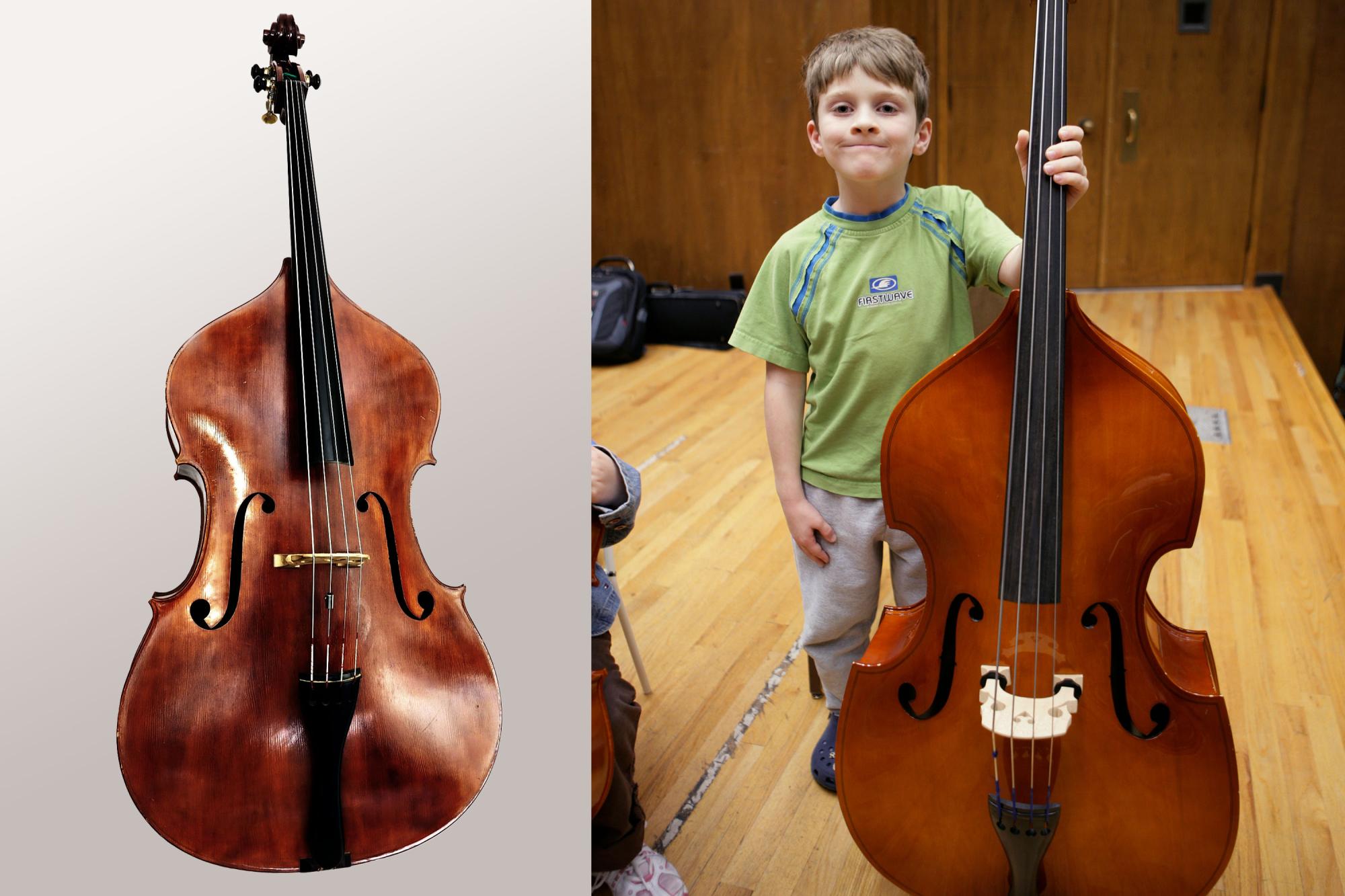 a side-by-side image of a full sized bass and a young child with a small student's bass
