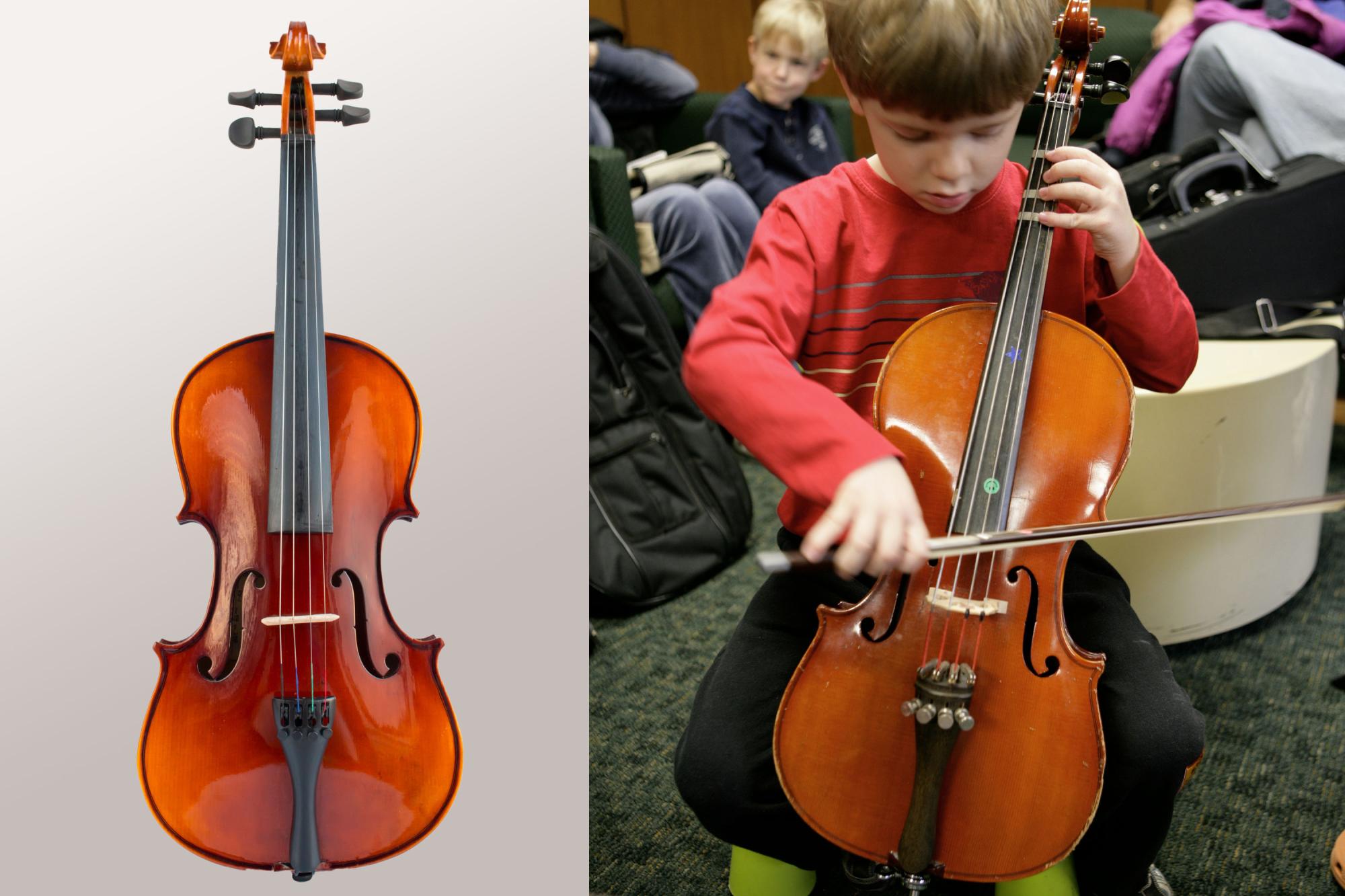 A side-by-side image of a full sized cello, and a child playing a small student's cello