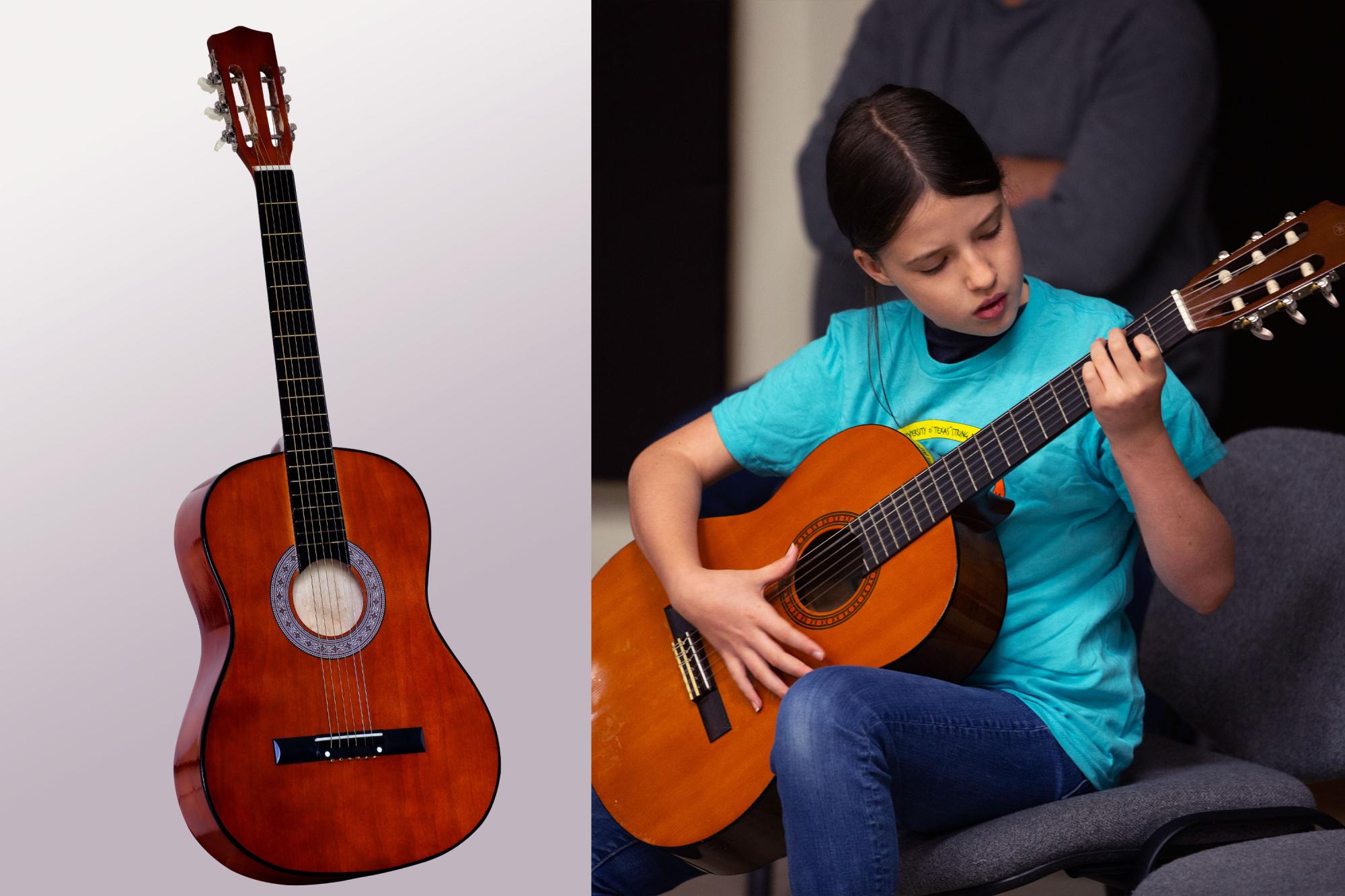 a side-by-side image of a full sized classical guitar and a small student guitar being played by a young child
