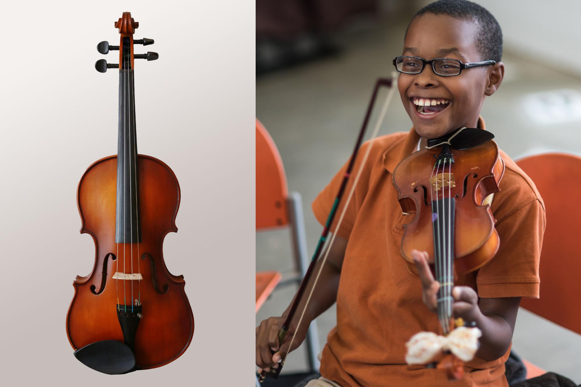 a side-by-side image of a full sized viola and a child playing a smaller viola made for students