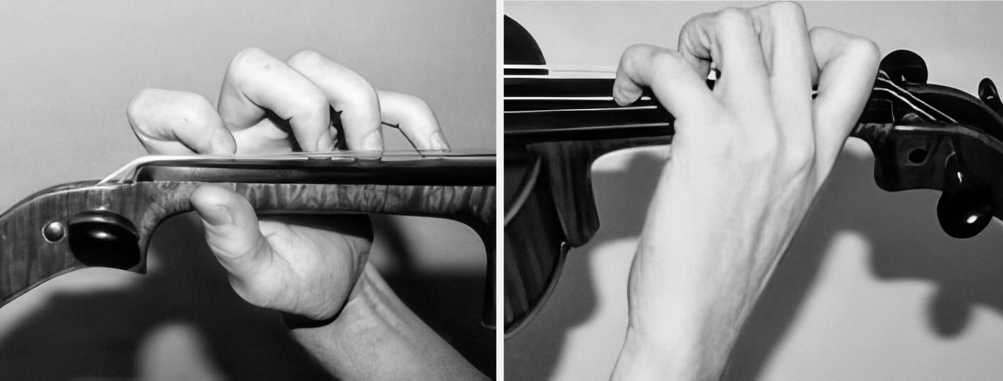 A side by side image showing proper hand placement on the fret board of a violin/viola