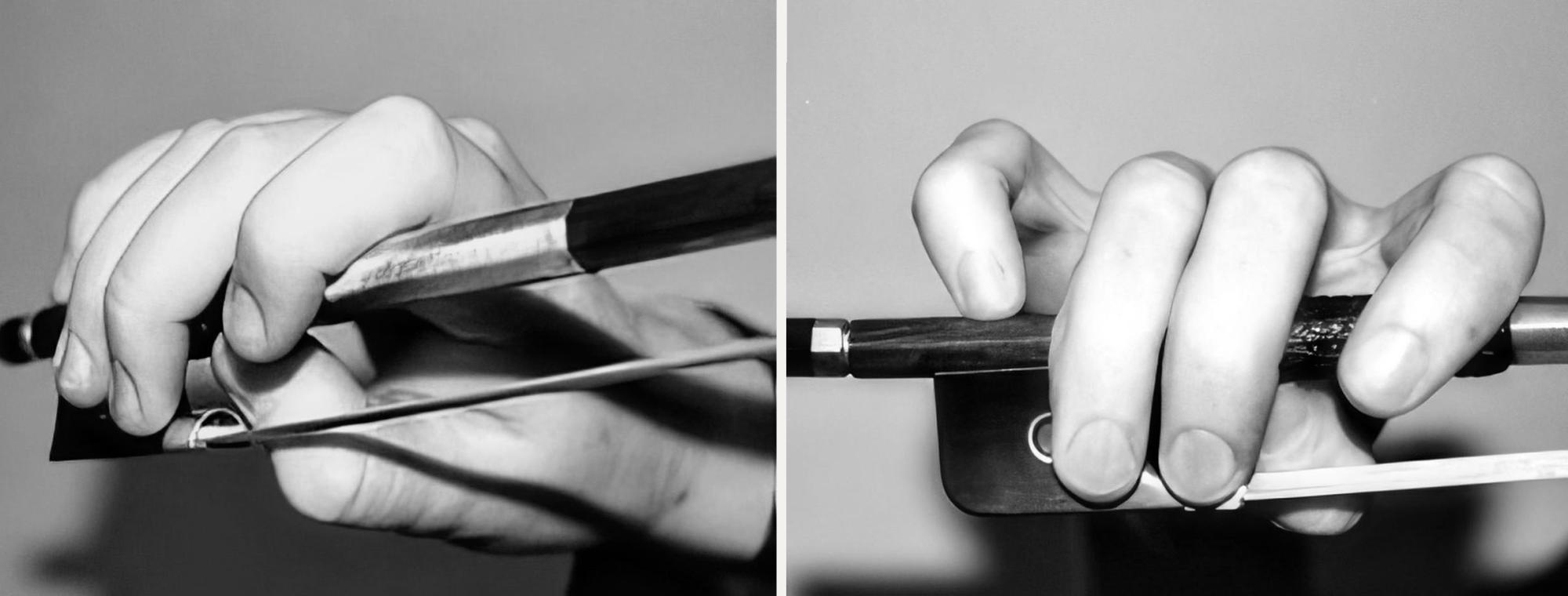 side by side images that show proper hand placement on a violin bow.