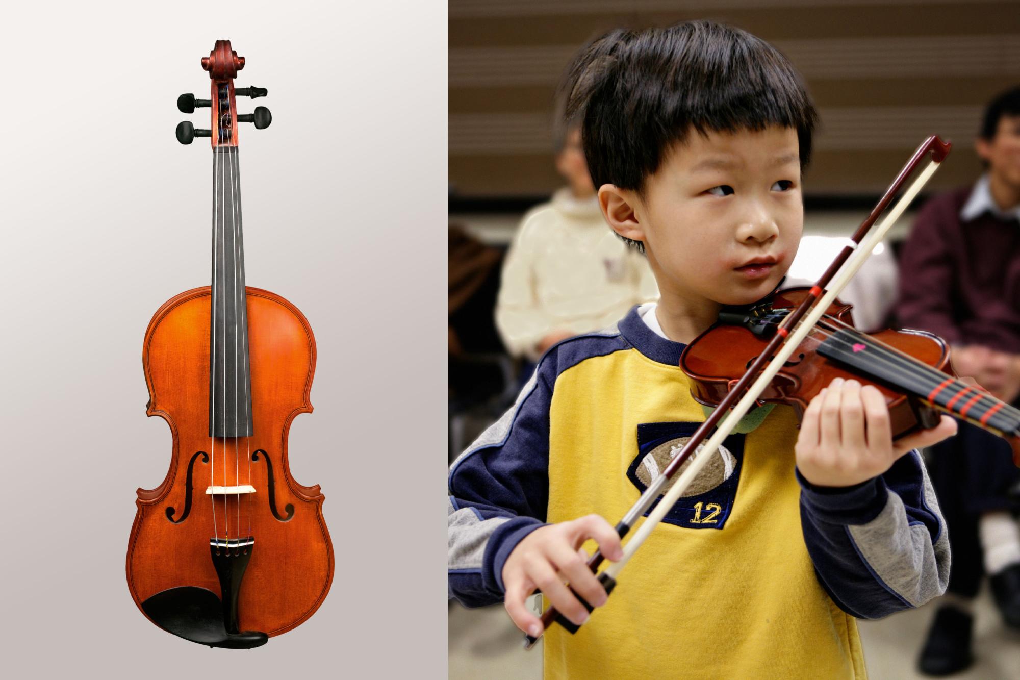 a side-by-side view of a full size violin alone, and a child playing a small child's violin