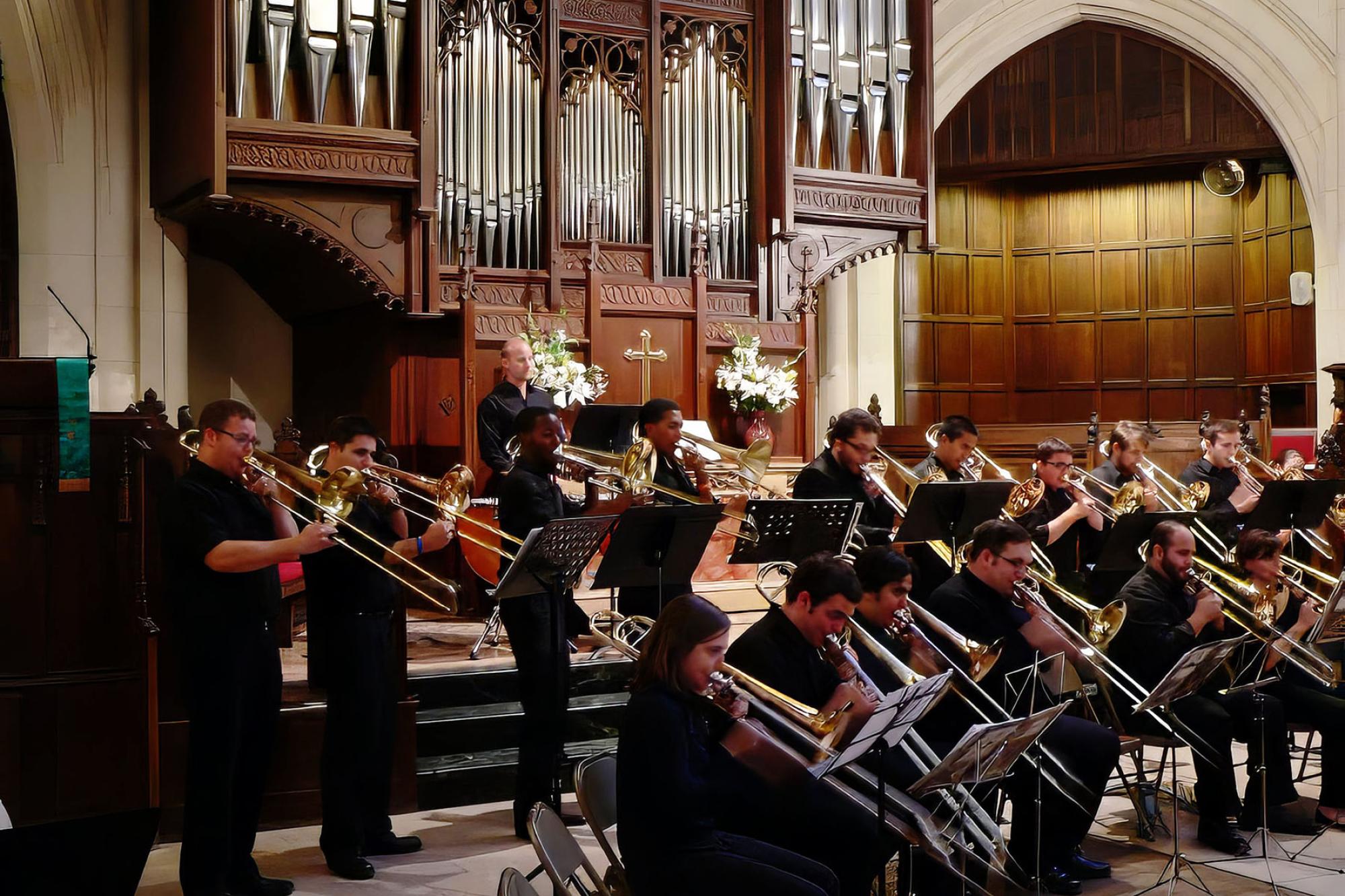 trombone choir performs inside a European Cathedral