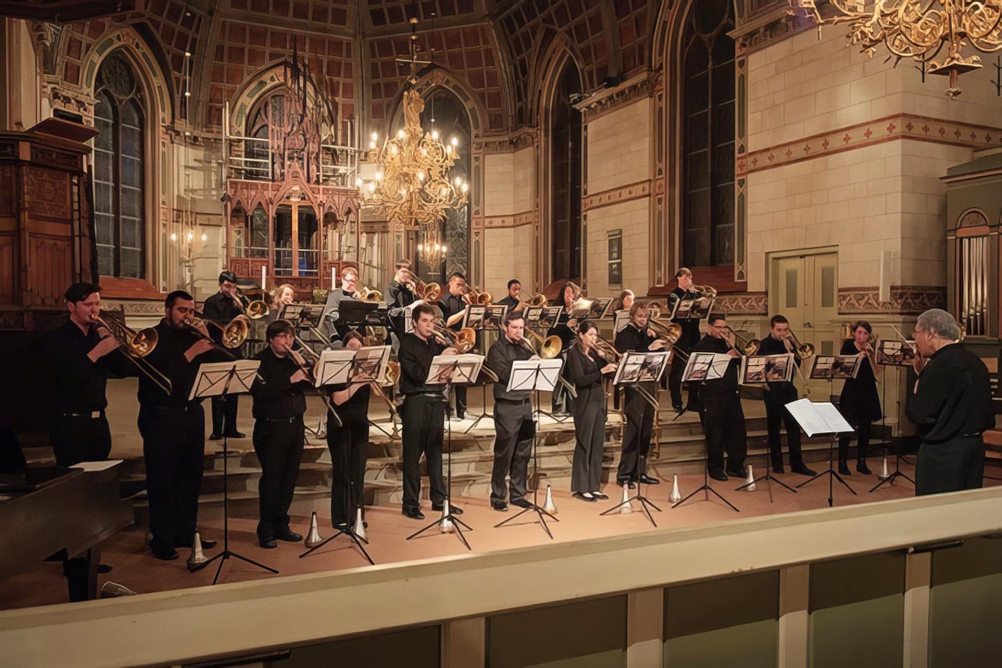 Trombone Choir performs in an ornate European Cathedral