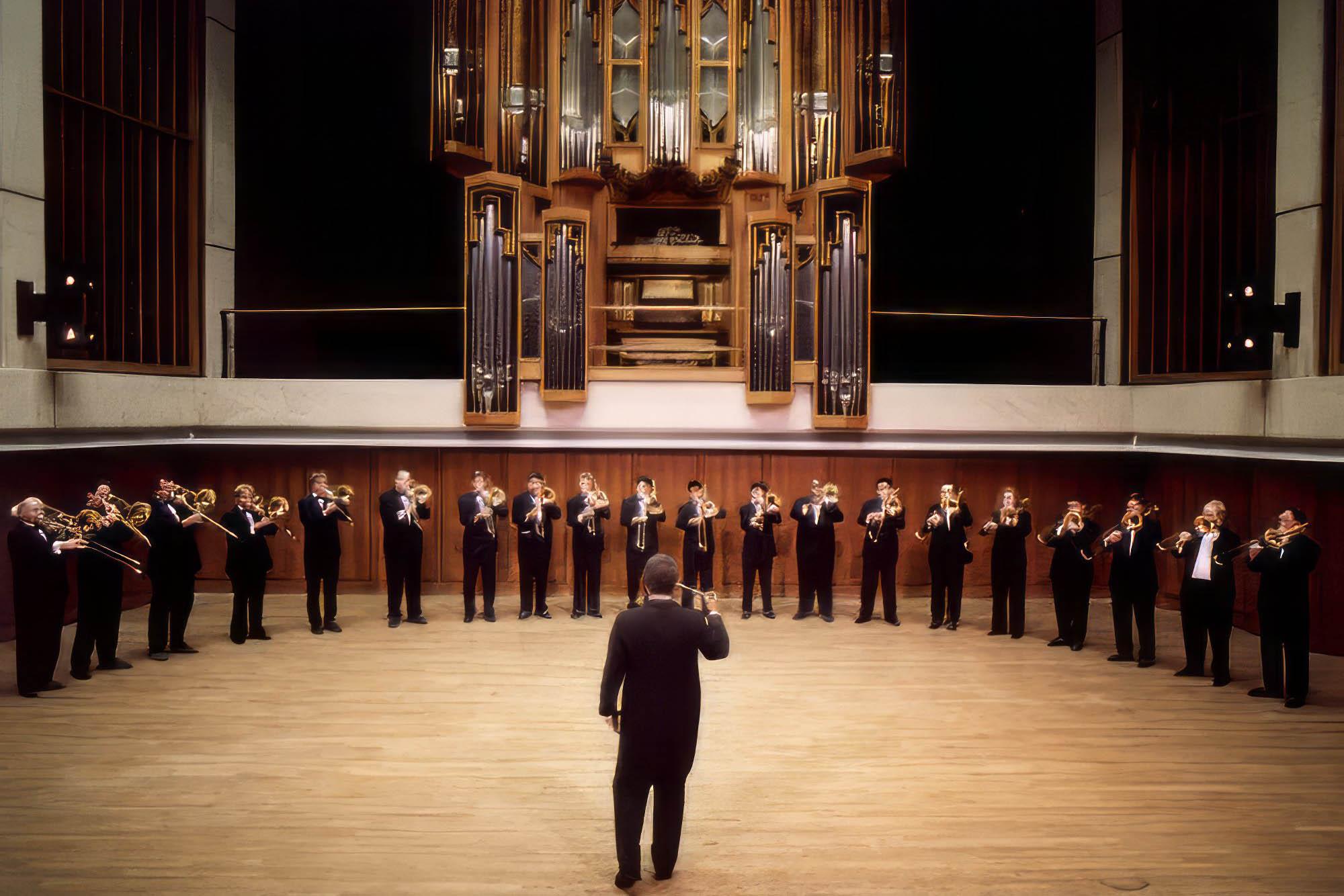 Nathaniel Brickens conducts the 2002 trombone choir on the stage of Bates Recital Hall