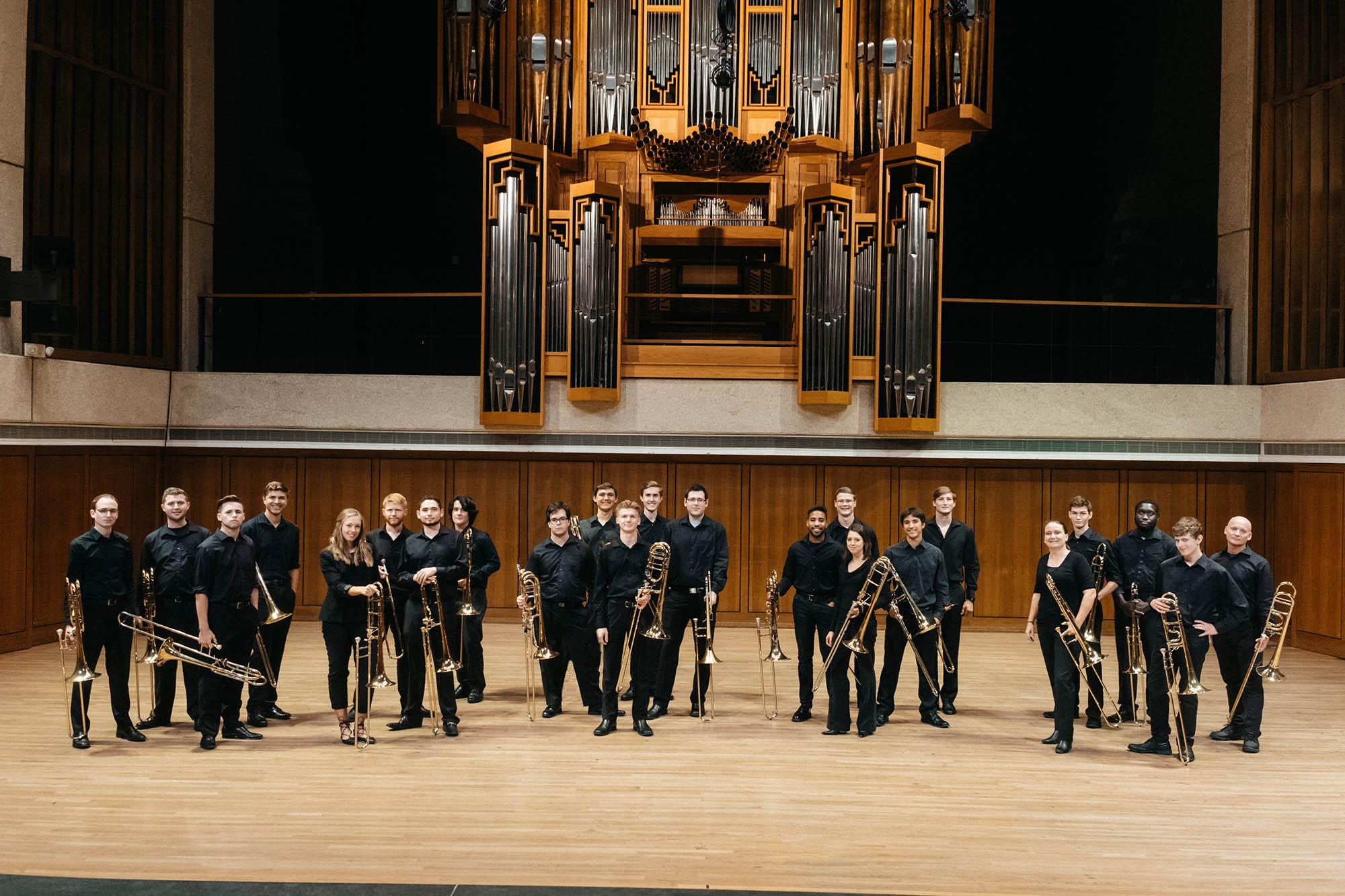 a publicity still of the 2017 trombone choir 