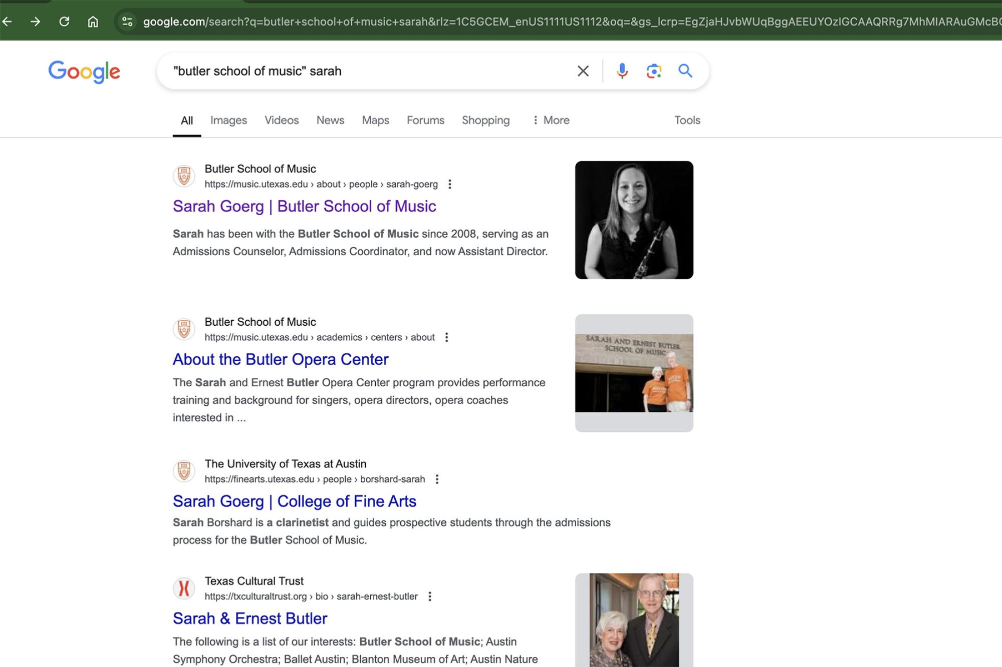 Google search showing the top page is Sarah Goerg