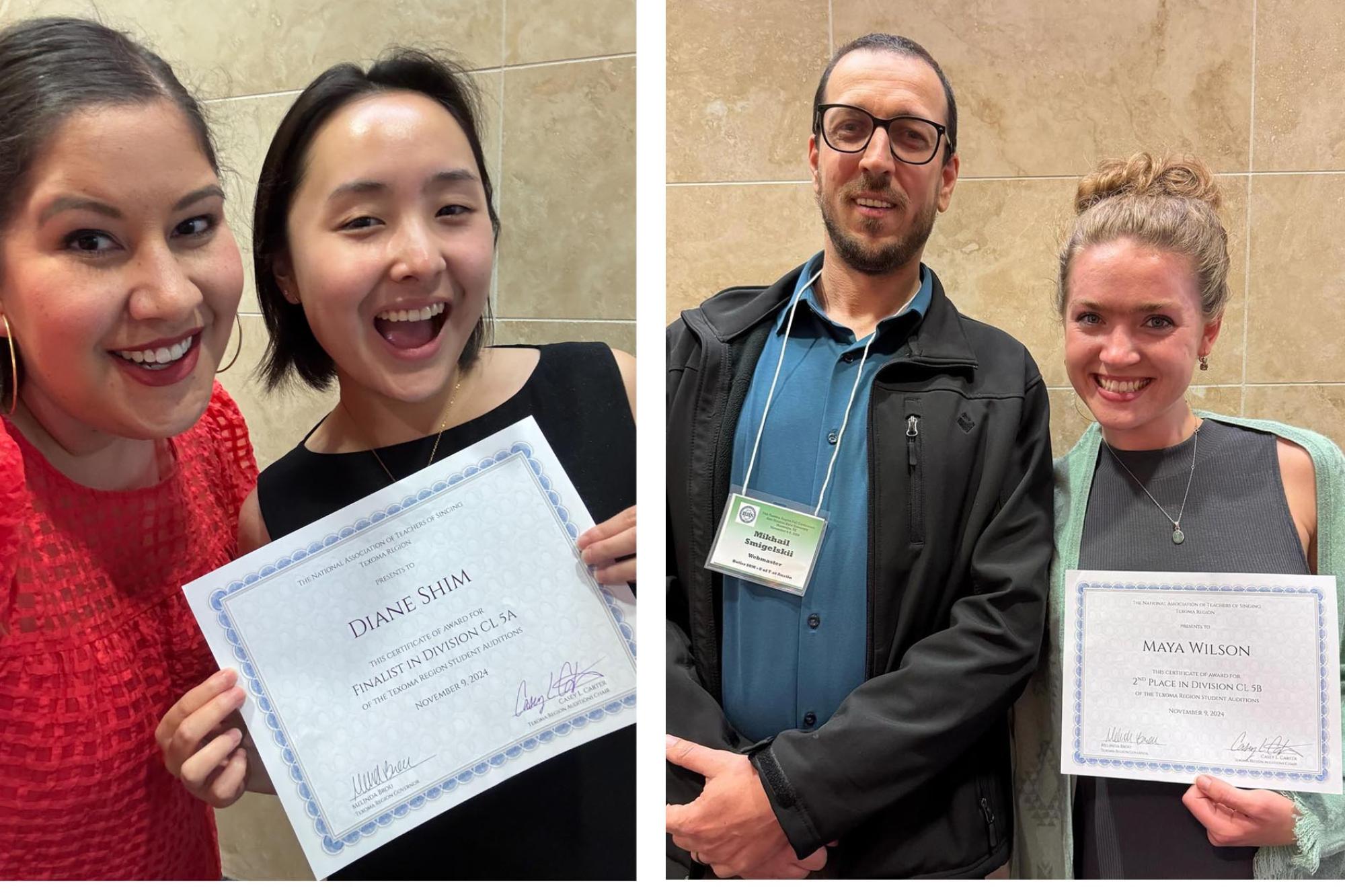 Professors Liliana Guerrero and Mikhail Smigelski standing with their students who just won awards