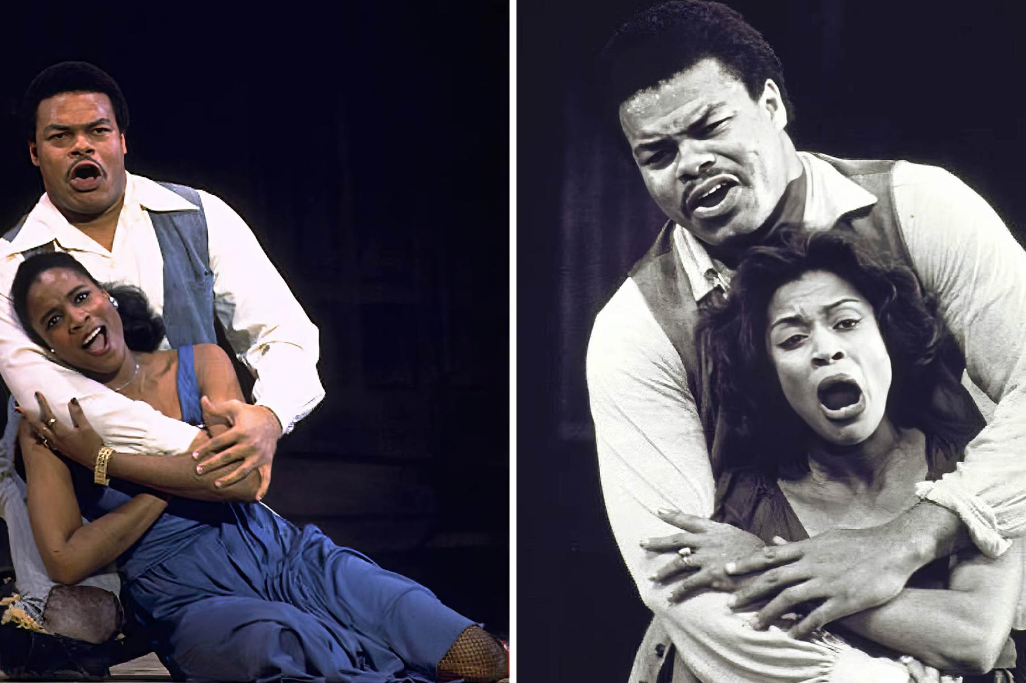 Left and right, two similar images where Donnie Ray Albert kneels on the ground, holding a woman in his arms as they sing a duet. 