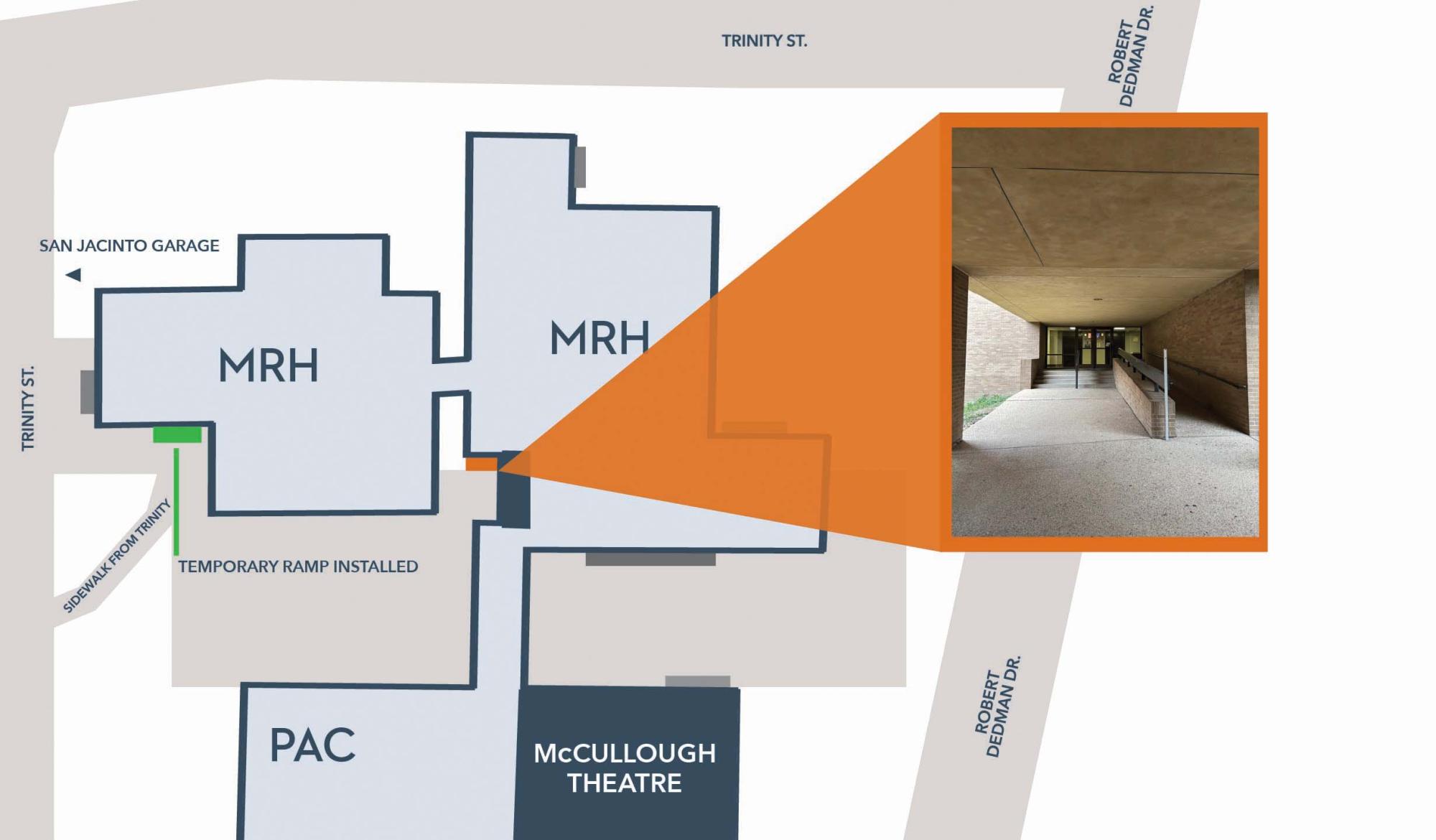 a map showing the entrance to MRH under the breezeway that will be closed for the summer, and an indication of a temporary ramp on the southwest entrance to the building, along Trinity St.