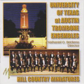 album cover: a photo of the trombone choir overlaps a photo of the University of Texas Tower
