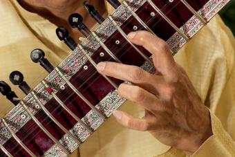 Close up of hand playing a sitar