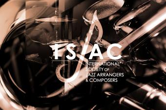 Abstract Image of musical instruments with ISJAC logo coming through