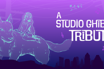 Against a purple background, there is a teal graphic of a girl riding a wolf. In the bottom right corner there are two teal alien creatures.