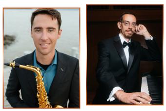 Portraits of saxophonist Stephen Page and pianist Alexandre Maynegre-Torra side by side.