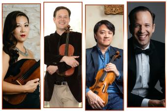 Side by side gallery of violinists Sandy Yamamoto, Brian Lewis, Daniel Ching, and William Fedkenheuer.