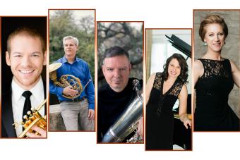 A collage of headshots of the Brass faculty with their instruments. 