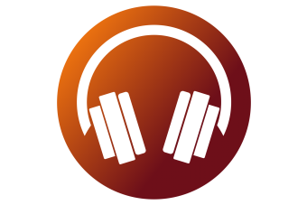A graphic icon of a pair of over-the-ear headphones