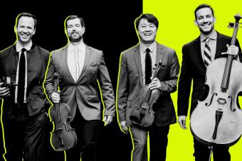 A black and white photo of members of the Miró Quartet holding their instruments in front of a black and neon green background.