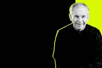 Black and white photo of pianist Anton Nel in front of a black and neon lime background.