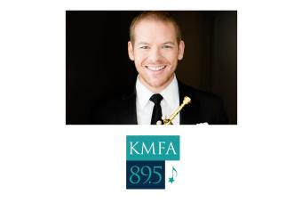 Head shot of Caleb Hudson with a KMFA logo him