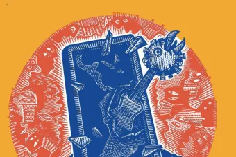 Drawing of a guitar with a chicken head on pegs