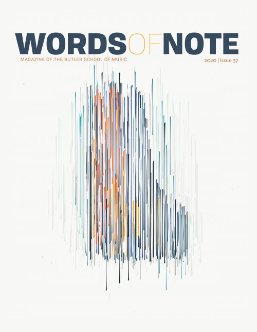Words of Note Cover: impressionistic artwork of grand piano from above