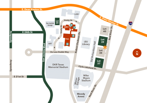 A map depicting available surface parking near the music building (MRH)