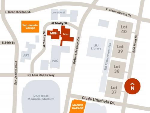 A map depicting parking garages near the Butler School of Music