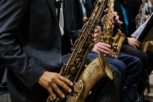 Closeup of a Sax line in a big band ensemble