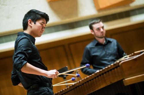 Two Marimba players perform in Bates Recital Hall