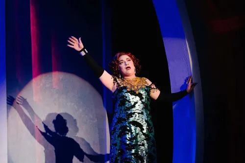 A woman in. along sequence gown and gloves performs a vaudeville number on stage.