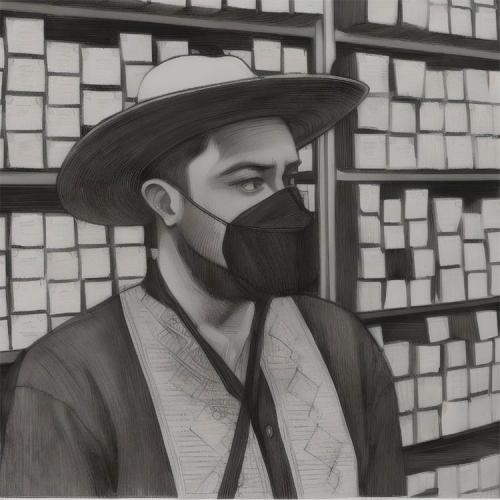 Drawing of J.A Strub with a mask and hat on 