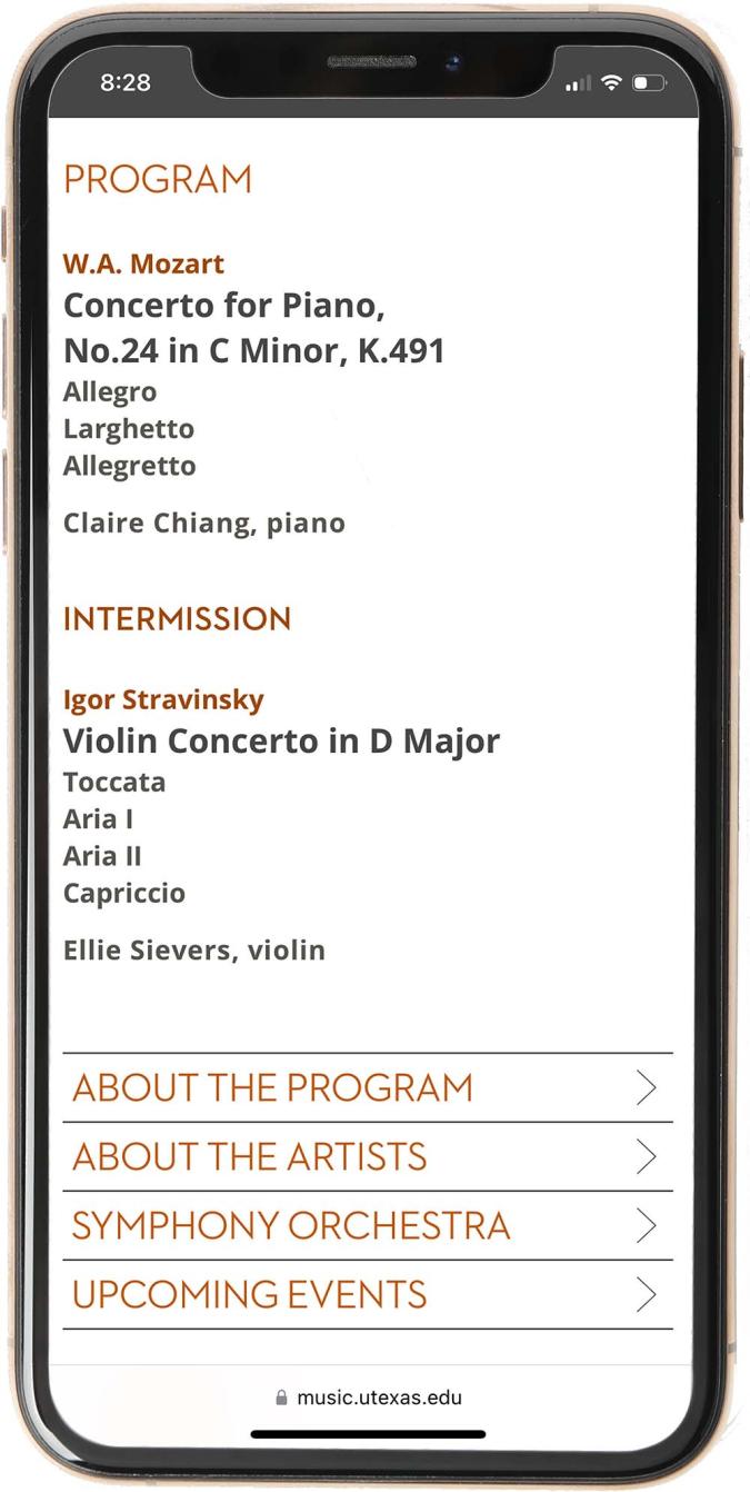 A smartphone screen displays a paperless program for a Symphony Orchestra Concert