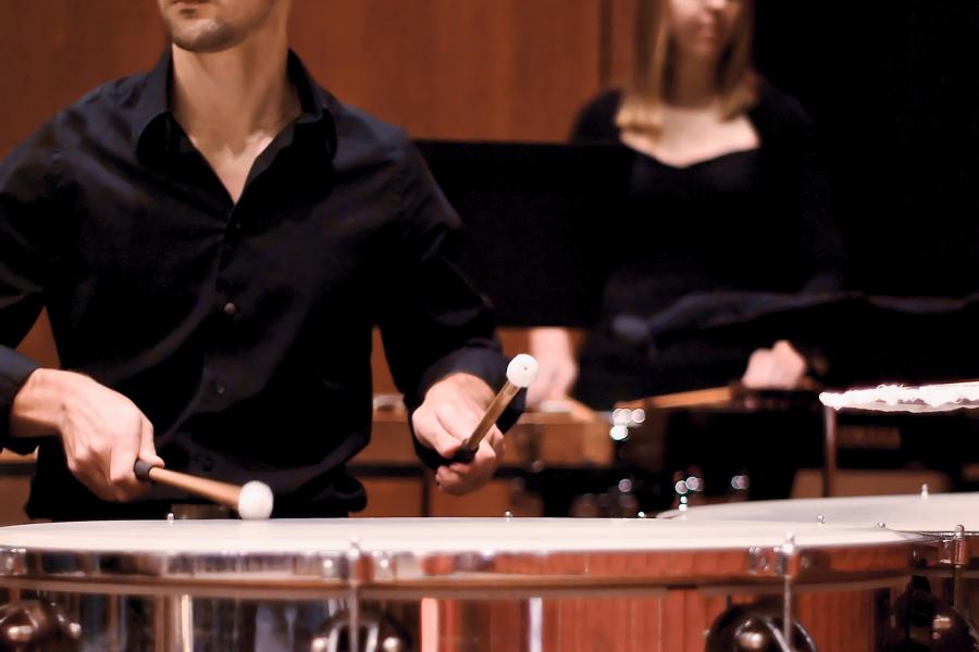 A timpani performer on the Bates Recital Hall Stage