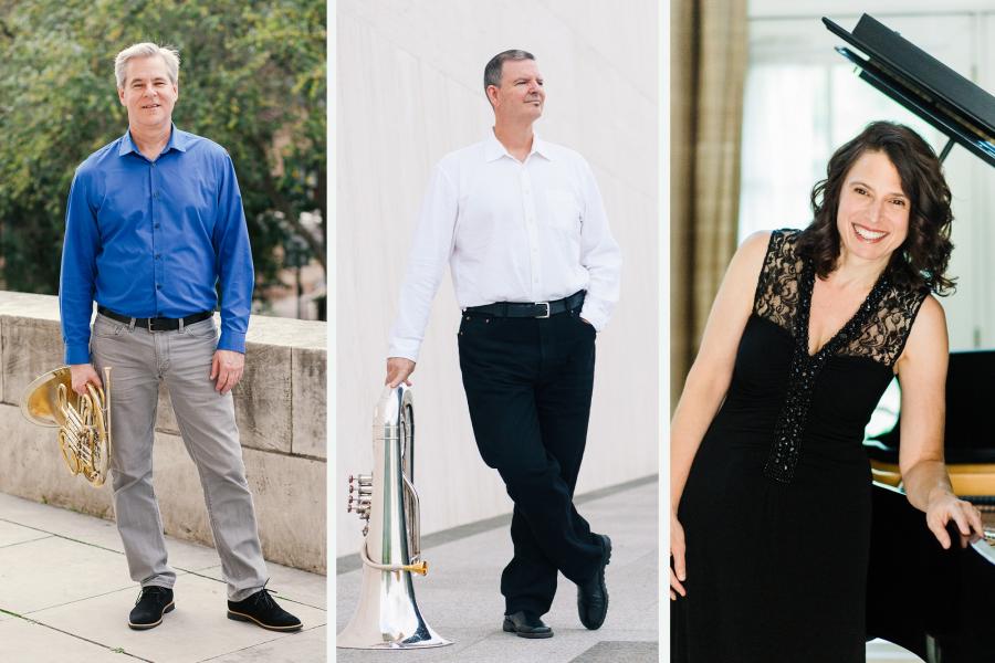 A collage of three musicians: on the left, a man wearing a blue shirt stands outside holding a golden horn; in the center, a man wearing a white short stands outside and leans on a silver tuba; on the right, a woman in a black dress smiles and leans over a piano. 