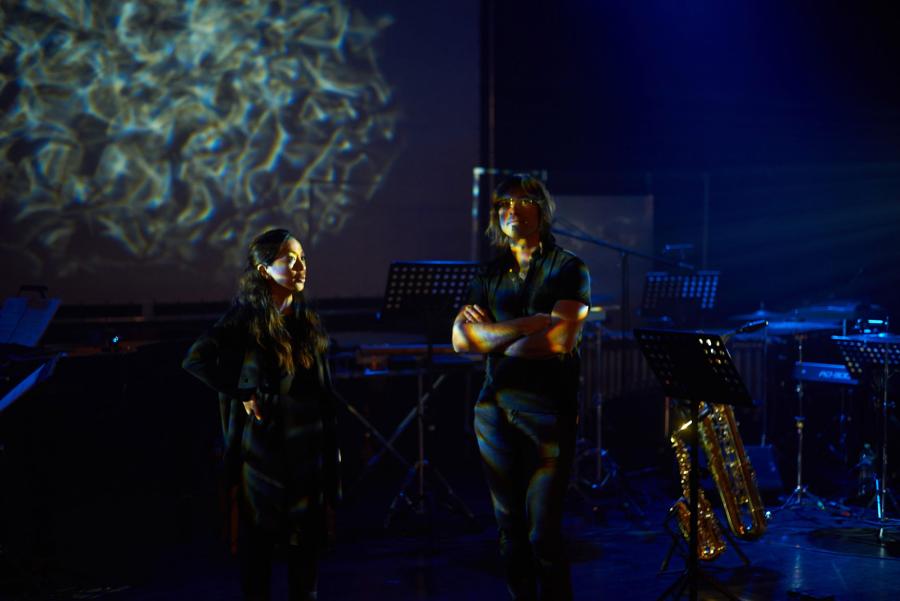 Hanatsumiroir stand on stage with electronic instruments and lights