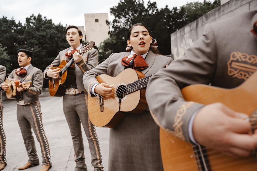 A line of guitar players perform during an outdoor Mariachi concert
