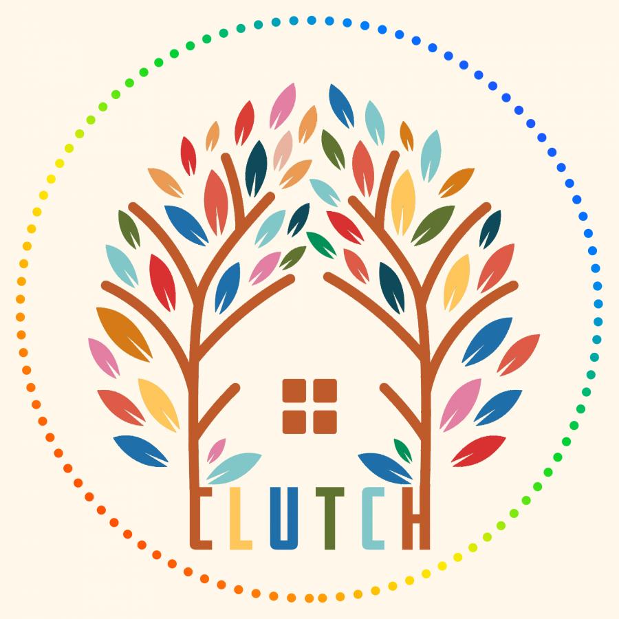 Two multi-colored trees bend toward each other in a circle. At the bottom center of the trees, the word CLUTCH appears.