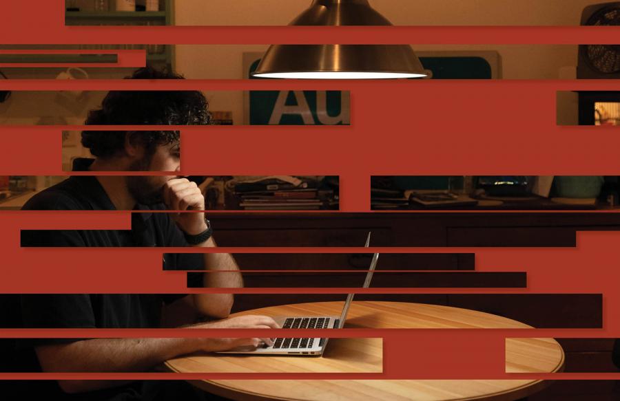 An image of a student sitting at a laptop in his home is deconstructed into small pieces over an deep orange background