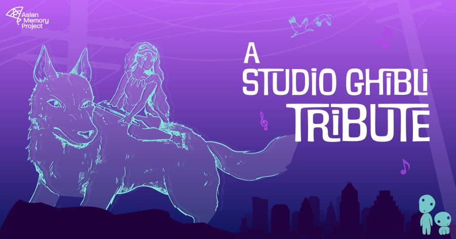Against a purple background, there is a teal graphic of a girl riding a wolf. In the bottom right corner there are two teal alien creatures.